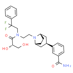 ChemSpider 2D Image | 3-[(3-endo)-8-(2-{(2,2-Difluoro-2-phenylethyl)[(2S)-2,3-dihydroxypropanoyl]amino}ethyl)-8-azabicyclo[3.2.1]oct-3-yl]benzamide | C27H33F2N3O4