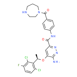 ChemSpider 2D Image | 6-Amino-N-[4-(1,4-diazepan-1-ylcarbonyl)phenyl]-5-[(1R)-1-(2,6-dichloro-3-fluorophenyl)ethoxy]-3-pyridazinecarboxamide | C25H25Cl2FN6O3