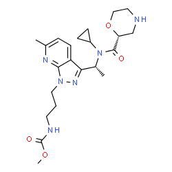ChemSpider 2D Image | Methyl (3-{3-[(1R)-1-{cyclopropyl[(2R)-2-morpholinylcarbonyl]amino}ethyl]-6-methyl-1H-pyrazolo[3,4-b]pyridin-1-yl}propyl)carbamate | C22H32N6O4