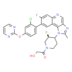 ChemSpider 2D Image | 1-[(3R)-4-{8-[2-Chloro-4-(2-pyrimidinyloxy)phenyl]-7-fluoro-2-methyl-1H-imidazo[4,5-c]quinolin-1-yl}-3-fluoro-1-piperidinyl]-2-hydroxyethanone | C28H23ClF2N6O3