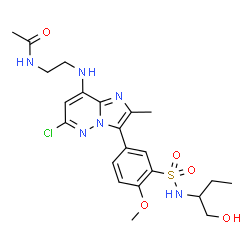 ChemSpider 2D Image | N-{2-[(6-Chloro-3-{3-[(1-hydroxy-2-butanyl)sulfamoyl]-4-methoxyphenyl}-2-methylimidazo[1,2-b]pyridazin-8-yl)amino]ethyl}acetamide | C22H29ClN6O5S