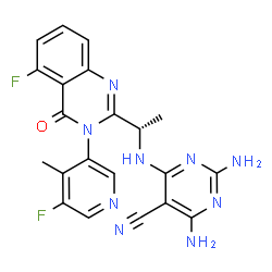 ChemSpider 2D Image | 2,4-Diamino-6-({(1S)-1-[5-fluoro-3-(5-fluoro-4-methyl-3-pyridinyl)-4-oxo-3,4-dihydro-2-quinazolinyl]ethyl}amino)-5-pyrimidinecarbonitrile | C21H17F2N9O