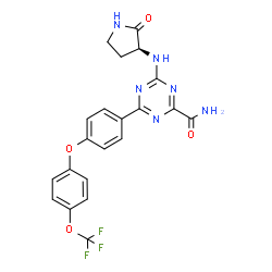 ChemSpider 2D Image | 4-{[(3S)-2-Oxo-3-pyrrolidinyl]amino}-6-{4-[4-(trifluoromethoxy)phenoxy]phenyl}-1,3,5-triazine-2-carboxamide | C21H17F3N6O4