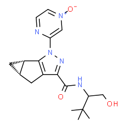 ChemSpider 2D Image | (4aS,5aS)-N-(1-Hydroxy-3,3-dimethyl-2-butanyl)-1-(4-oxido-2-pyrazinyl)-4,4a,5,5a-tetrahydro-1H-cyclopropa[4,5]cyclopenta[1,2-c]pyrazole-3-carboxamide | C18H23N5O3