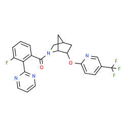 ChemSpider 2D Image | [3-Fluoro-2-(2-pyrimidinyl)phenyl](6-{[5-(trifluoromethyl)-2-pyridinyl]oxy}-2-azabicyclo[2.2.1]hept-2-yl)methanone | C23H18F4N4O2
