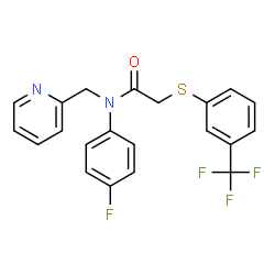 ChemSpider 2D Image | N-(4-Fluorophenyl)-N-(2-pyridinylmethyl)-2-{[3-(trifluoromethyl)phenyl]sulfanyl}acetamide | C21H16F4N2OS