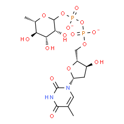 ChemSpider 2D Image | [[(2R,3S,5R)-3-hydroxy-5-(5-methyl-2,4-dioxo-pyrimidin-1-yl)tetrahydrofuran-2-yl]methoxy-oxido-phosphoryl] [(3R,4R,5R,6S)-3,4,5-trihydroxy-6-methyl-tetrahydropyran-2-yl] phosphate | C16H24N2O15P2