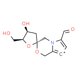 ChemSpider 2D Image | (2R,4S,5S)-6'-Formyl-4-hydroxy-5-(hydroxymethyl)-4,5-dihydro-1'H,3H-spiro[furan-2,3'-pyrrolo[2,1-c][1,4]oxazin[8]ylium] | C12H14NO5