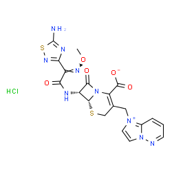 ChemSpider 2D Image | (6R,7R)-7-{[(2E)-2-(5-Amino-1,2,4-thiadiazol-3-yl)-2-(methoxyimino)acetyl]amino}-3-(imidazo[1,2-b]pyridazin-1-ium-1-ylmethyl)-8-oxo-5-thia-1-azabicyclo[4.2.0]oct-2-ene-2-carboxylate hydrochloride (1:1
) | C19H18ClN9O5S2