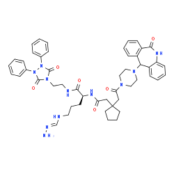 ChemSpider 2D Image | N-[2-(3,5-Dioxo-1,2-diphenyl-1,2,4-triazolidin-4-yl)ethyl]-N~5~-[(E)-hydrazonomethyl]-N~2~-[(1-{2-oxo-2-[4-(6-oxo-6,11-dihydro-5H-dibenzo[b,e]azepin-11-yl)-1-piperazinyl]ethyl}cyclopentyl)acetyl]-L-or
nithinamide | C49H57N11O6