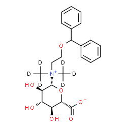 ChemSpider 2D Image | (2S,3S,4S,5R,6R)-6-([2-(Diphenylmethoxy)ethyl]{bis[(~2~H_3_)methyl]}ammonio)-3,4,5-trihydroxytetrahydro-2H-pyran-2-carboxylate (non-preferred name) | C23H23D6NO7
