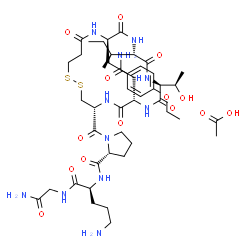 ChemSpider 2D Image | 1-({(4R,7S,10S,13S,16R)-7-(2-Amino-2-oxoethyl)-13-[(2S)-2-butanyl]-16-(4-ethoxybenzyl)-10-[(1R)-1-hydroxyethyl]-6,9,12,15,18-pentaoxo-1,2-dithia-5,8,11,14,17-pentaazacycloicosan-4-yl}carbonyl)-D-proly
l-L-ornithylglycinamide acetate (1:1) | C45H71N11O14S2