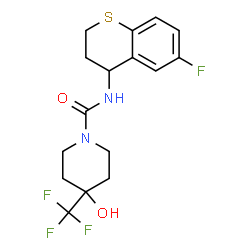 ChemSpider 2D Image | N-(6-Fluoro-3,4-dihydro-2H-thiochromen-4-yl)-4-hydroxy-4-(trifluoromethyl)-1-piperidinecarboxamide | C16H18F4N2O2S