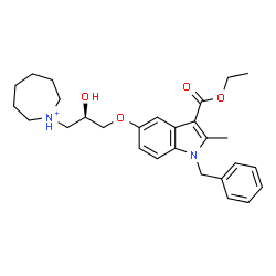 ChemSpider 2D Image | 1-[(2R)-3-{[1-Benzyl-3-(ethoxycarbonyl)-2-methyl-1H-indol-5-yl]oxy}-2-hydroxypropyl]azepanium | C28H37N2O4