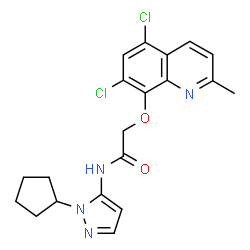 ChemSpider 2D Image | N-(1-Cyclopentyl-1H-pyrazol-5-yl)-2-[(5,7-dichloro-2-methyl-8-quinolinyl)oxy]acetamide | C20H20Cl2N4O2