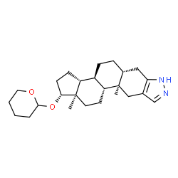 ChemSpider 2D Image | (1R,3aR,3bS,5aR,10aR,10bR,12aR)-10a,12a-Dimethyl-1-(tetrahydro-2H-pyran-2-yloxy)-1,2,3,3a,3b,4,5,5a,6,7,10,10a,10b,11,12,12a-hexadecahydrocyclopenta[5,6]naphtho[1,2-f]indazole | C25H38N2O2