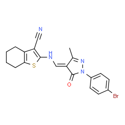 ChemSpider 2D Image | 2-({(E)-[1-(4-Bromophenyl)-3-methyl-5-oxo-1,5-dihydro-4H-pyrazol-4-ylidene]methyl}amino)-4,5,6,7-tetrahydro-1-benzothiophene-3-carbonitrile | C20H17BrN4OS