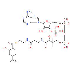 ChemSpider 2D Image | S-{(9R)-1-[(2R,3S,4R,5R)-5-(6-Amino-9H-purin-9-yl)-4-hydroxy-3-(phosphonooxy)tetrahydro-2-furanyl]-3,5,9-trihydroxy-8,8-dimethyl-3,5-dioxido-10,14-dioxo-2,4,6-trioxa-11,15-diaza-3lambda~5~,5lambda~5~-
diphosphaheptadecan-17-yl} 2-hydroxy-4-isopropenylcyclohexanecarbothioate | C31H50N7O18P3S