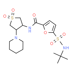 ChemSpider 2D Image | N-[1,1-Dioxido-4-(1-piperidinyl)tetrahydro-3-thiophenyl]-5-[(2-methyl-2-propanyl)sulfamoyl]-2-furamide | C18H29N3O6S2