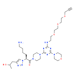 ChemSpider 2D Image | (2S)-6-Amino-2-[4-(2-hydroxypropyl)-1H-1,2,3-triazol-1-yl]-1-(4-{4-(4-morpholinyl)-6-[(2-{2-[2-(2-propyn-1-yloxy)ethoxy]ethoxy}ethyl)amino]-1,3,5-triazin-2-yl}-1-piperazinyl)-1-hexanone | C31H51N11O6