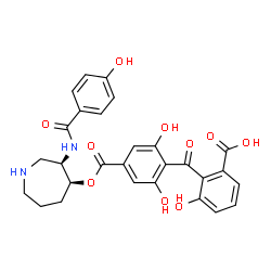 ChemSpider 2D Image | 2-{2,6-Dihydroxy-4-[({(3R,4S)-3-[(4-hydroxybenzoyl)amino]-4-azepanyl}oxy)carbonyl]benzoyl}-3-hydroxybenzoic acid | C28H26N2O10