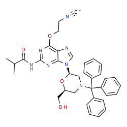 ChemSpider 2D Image | N-{9-[(2R,6S)-6-(Hydroxymethyl)-4-trityl-2-morpholinyl]-6-(2-isocyanoethoxy)-9H-purin-2-yl}-2-methylpropanamide | C36H37N7O4