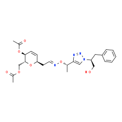 ChemSpider 2D Image | (1R)-4,6-Di-O-acetyl-1,5-anhydro-2,3-dideoxy-1-[(2E)-2-{[(1S)-1-{1-[(2S)-1-hydroxy-3-phenyl-2-propanyl]-1H-1,2,3-triazol-4-yl}ethoxy]imino}ethyl]-D-erythro-hex-2-enitol | C25H32N4O7