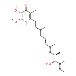 ChemSpider 2D Image | 2-[(9R,10R)-10-Hydroxy-3,7,9,11-tetramethyl-2,5,7,11-tridecatetraen-1-yl]-5,6-dimethoxy-3-methyl-4(1H)-pyridinone | C25H37NO4