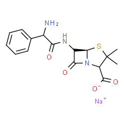 ChemSpider 2D Image | Sodium (5R)-6-{[amino(phenyl)acetyl]amino}-3,3-dimethyl-7-oxo-4-thia-1-azabicyclo[3.2.0]heptane-2-carboxylate | C16H18N3NaO4S