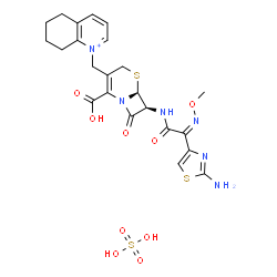 ChemSpider 2D Image | (6S,7S)-7-[[(2Z)-2-(2-aminothiazol-4-yl)-2-methoxyimino-acetyl]amino]-8-oxo-3-(5,6,7,8-tetrahydroquinolin-1-ium-1-ylmethyl)-5-thia-1-azabicyclo[4.2.0]oct-2-ene-2-carboxylic acid;sulfuric acid | C23H27N6O9S3