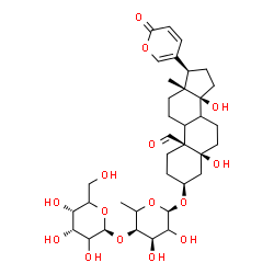 ChemSpider 2D Image | (3beta,5beta,8xi,9xi)-3-{[6-Deoxy-4-O-(beta-D-erythro-hexopyranosyl)-alpha-L-erythro-hexopyranosyl]oxy}-5,14-dihydroxy-19-oxobufa-20,22-dienolide | C36H52O15