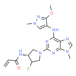 ChemSpider 2D Image | N-[(3R)-4-Fluoro-1-{6-[(3-methoxy-1-methyl-1H-pyrazol-4-yl)amino]-9-methyl-9H-purin-2-yl}-3-pyrrolidinyl]acrylamide | C18H22FN9O2