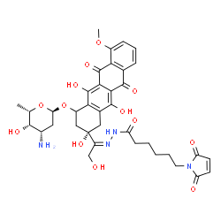 ChemSpider 2D Image | N'-[(1Z)-1-{(2S)-4-[(3-Amino-2,3,6-trideoxy-alpha-L-lyxo-hexopyranosyl)oxy]-2,5,12-trihydroxy-7-methoxy-6,11-dioxo-1,2,3,4,6,11-hexahydro-2-tetracenyl}-2-hydroxyethylidene]-6-(2,5-dioxo-2,5-dihydro-1H
-pyrrol-1-yl)hexanehydrazide | C37H42N4O13