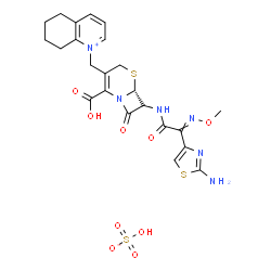 ChemSpider 2D Image | 1-{[(6R)-7-{[(2-Amino-1,3-thiazol-4-yl)(methoxyimino)acetyl]amino}-2-carboxy-8-oxo-5-thia-1-azabicyclo[4.2.0]oct-2-en-3-yl]methyl}-5,6,7,8-tetrahydroquinolinium hydrogen sulfate | C23H26N6O9S3