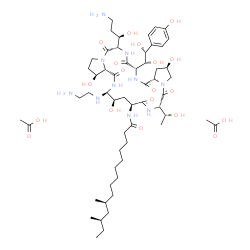 ChemSpider 2D Image | (10S,12R)-N-{(2R,6S,9S,11R,12S,14aS,15S,20S,23S,25aS)-12-[(2-Aminoethyl)amino]-20-[(1R)-3-amino-1-hydroxypropyl]-23-[(1R,2R)-1,2-dihydroxy-2-(4-hydroxyphenyl)ethyl]-2,11,15-trihydroxy-6-[(1R)-1-hydrox
yethyl]-5,8,14,19,22,25-hexaoxotetracosahydro-1H-dipyrrolo[2,1-c:2',1'-l][1,4,7,10,13,16]hexaazacyclohenicosin-9-yl}-10,12-dimethyltetradecanamide acetate (1:2) | C56H96N10O19