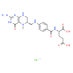 ChemSpider 2D Image | L-Glutamic acid, N-[4-[[[(6S)-2-amino-3,4,5,6,7,8-hexahydro-5-methyl-4-oxo-6-pteridinyl]methyl]amino]benzoyl]-, calcium salt (1:1) | C20H25CaN7O6