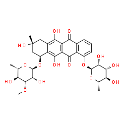 ChemSpider 2D Image | (1S,3R)-10-[(6-Deoxy-alpha-L-mannopyranosyl)oxy]-3,5,12-trihydroxy-3-methyl-6,11-dioxo-1,2,3,4,6,11-hexahydro-1-tetracenyl 6-deoxy-3-O-methyl-alpha-L-mannopyranoside | C32H38O15