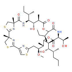 ChemSpider 2D Image | (5R,9S,12S,13S,14R,20S,23R,24S,25S)-12,17-Di[(2S)-2-butanyl]-13-hydroxy-20-[(1R)-1-hydroxyethyl]-23-[(2S,3S,4R)-3-hydroxy-4-methyl-2-heptanyl]-25-methoxy-5,9,14,24-tetramethyl-16,22-dioxa-3,7,28-trith
ia-11,19,30,31,32-pentaazatetracyclo[25.2.1.1~2,5~.1~6,9~]dotriaconta-1(29),2(32),6(31),27(30)-tetraene-10,15,18,21-tetrone | C45H73N5O10S3