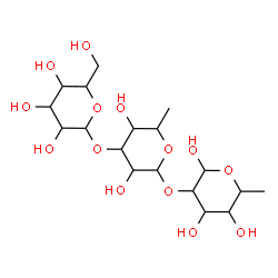 ChemSpider 2D Image | Hexopyranosyl-(1->3)-6-deoxyhexopyranosyl-(1->2)-6-deoxyhexopyranose | C18H32O14