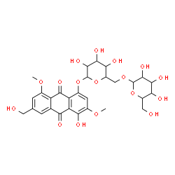 ChemSpider 2D Image | 4-Hydroxy-6-(hydroxymethyl)-3,8-dimethoxy-9,10-dioxo-9,10-dihydro-1-anthracenyl 6-O-hexopyranosylhexopyranoside | C29H34O17