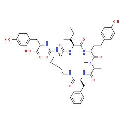 ChemSpider 2D Image | N-({(3S,12S,15R)-3-Benzyl-12-[(2R)-2-butanyl]-9-[2-(4-hydroxyphenyl)ethyl]-6,7-dimethyl-2,5,8,11,14-pentaoxo-1,4,7,10,13-pentaazacyclononadecan-15-yl}carbamoyl)-L-tyrosine | C45H59N7O10