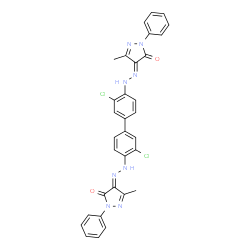 ChemSpider 2D Image | (4E,4'E)-4,4'-[(3,3'-Dichloro-4,4'-biphenyldiyl)di(1E)-2-hydrazinyl-1-ylidene]bis(5-methyl-2-phenyl-2,4-dihydro-3H-pyrazol-3-one) | C32H24Cl2N8O2