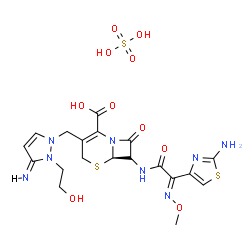 ChemSpider 2D Image | (6R)-7-{[(2E)-2-(2-Amino-1,3-thiazol-4-yl)-2-(methoxyimino)acetyl]amino}-3-{[(3E)-2-(2-hydroxyethyl)-3-imino-2,3-dihydro-1H-pyrazol-1-yl]methyl}-8-oxo-5-thia-1-azabicyclo[4.2.0]oct-2-ene-2-carboxylic 
acid sulfate (1:1) | C19H24N8O10S3