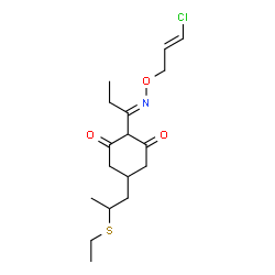 ChemSpider 2D Image | 2-[(1E)-N-{[(2E)-3-Chloro-2-propen-1-yl]oxy}propanimidoyl]-5-[2-(ethylsulfanyl)propyl]-1,3-cyclohexanedione | C17H26ClNO3S