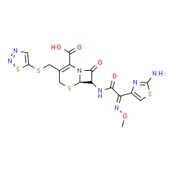 ChemSpider 2D Image | (6R)-7-{[(2E)-2-(2-Amino-1,3-thiazol-4-yl)-2-(methoxyimino)acetyl]amino}-8-oxo-3-[(1,2,3-thiadiazol-5-ylsulfanyl)methyl]-5-thia-1-azabicyclo[4.2.0]oct-2-ene-2-carboxylic acid | C16H15N7O5S4