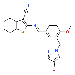 ChemSpider 2D Image | 2-[(E)-{3-[(4-Bromo-1H-pyrazol-1-yl)methyl]-4-methoxybenzylidene}amino]-4,5,6,7-tetrahydro-1-benzothiophene-3-carbonitrile | C21H19BrN4OS