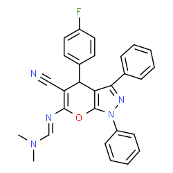 ChemSpider 2D Image | N'-[5-Cyano-4-(4-fluorophenyl)-1,3-diphenyl-1,4-dihydropyrano[2,3-c]pyrazol-6-yl]-N,N-dimethylimidoformamide | C28H22FN5O