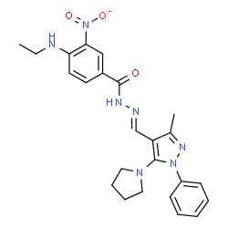 ChemSpider 2D Image | 4-(Ethylamino)-N'-{(E)-[3-methyl-1-phenyl-5-(1-pyrrolidinyl)-1H-pyrazol-4-yl]methylene}-3-nitrobenzohydrazide | C24H27N7O3
