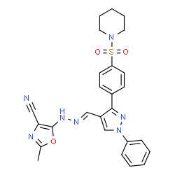 ChemSpider 2D Image | 2-Methyl-5-[(2E)-2-({1-phenyl-3-[4-(1-piperidinylsulfonyl)phenyl]-1H-pyrazol-4-yl}methylene)hydrazino]-1,3-oxazole-4-carbonitrile | C26H25N7O3S