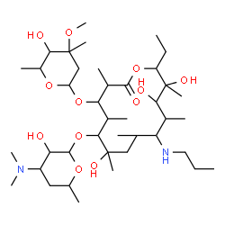 ChemSpider 2D Image | 6-{[4-(Dimethylamino)-3-hydroxy-6-methyltetrahydro-2H-pyran-2-yl]oxy}-14-ethyl-7,12,13-trihydroxy-4-[(5-hydroxy-4-methoxy-4,6-dimethyltetrahydro-2H-pyran-2-yl)oxy]-3,5,7,9,11,13-hexamethyl-10-(propyla
mino)oxacyclotetradecan-2-one | C40H76N2O12